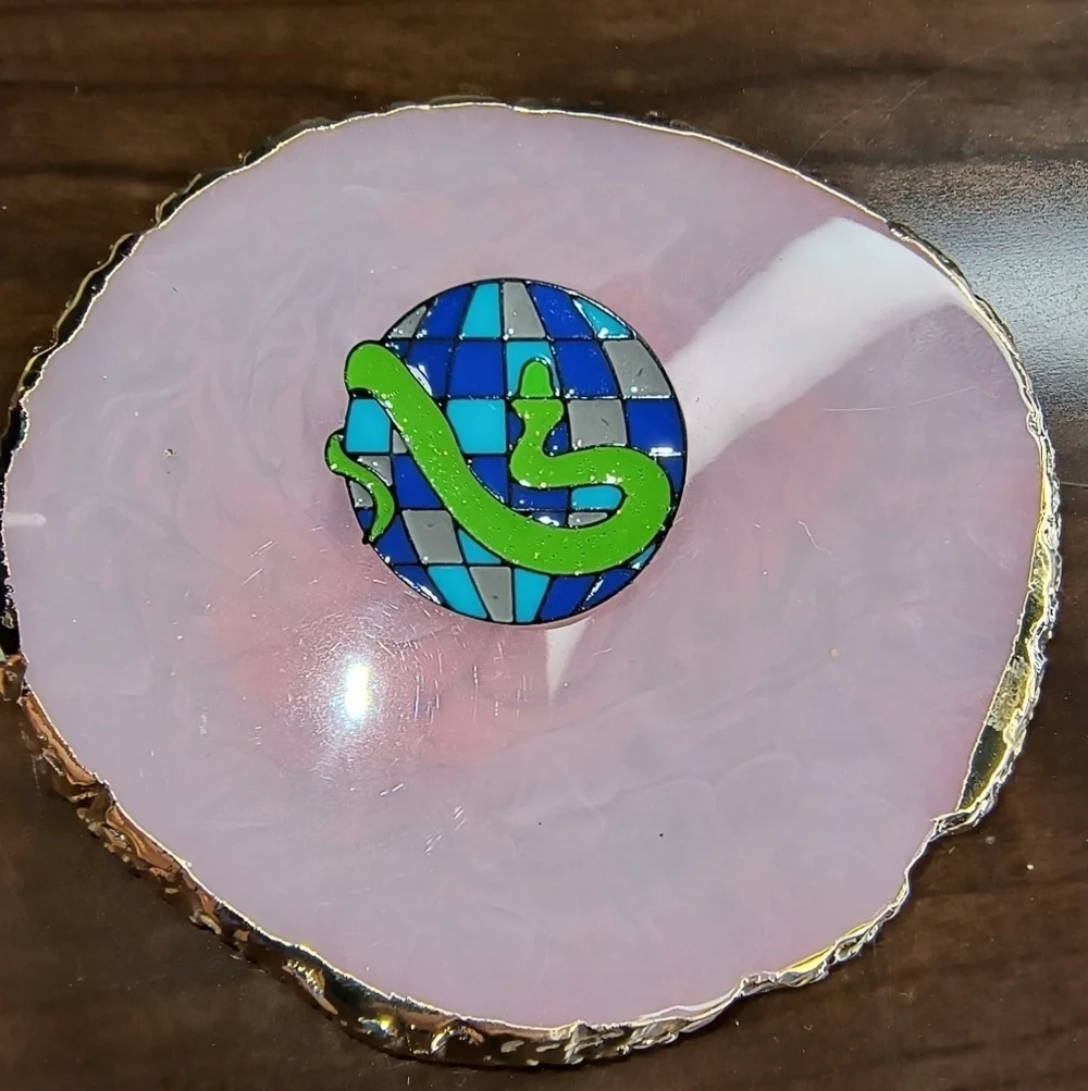 Women’s Jewelry Unique Reptile Enamel Pin - Green snake and Blue Disco ball!